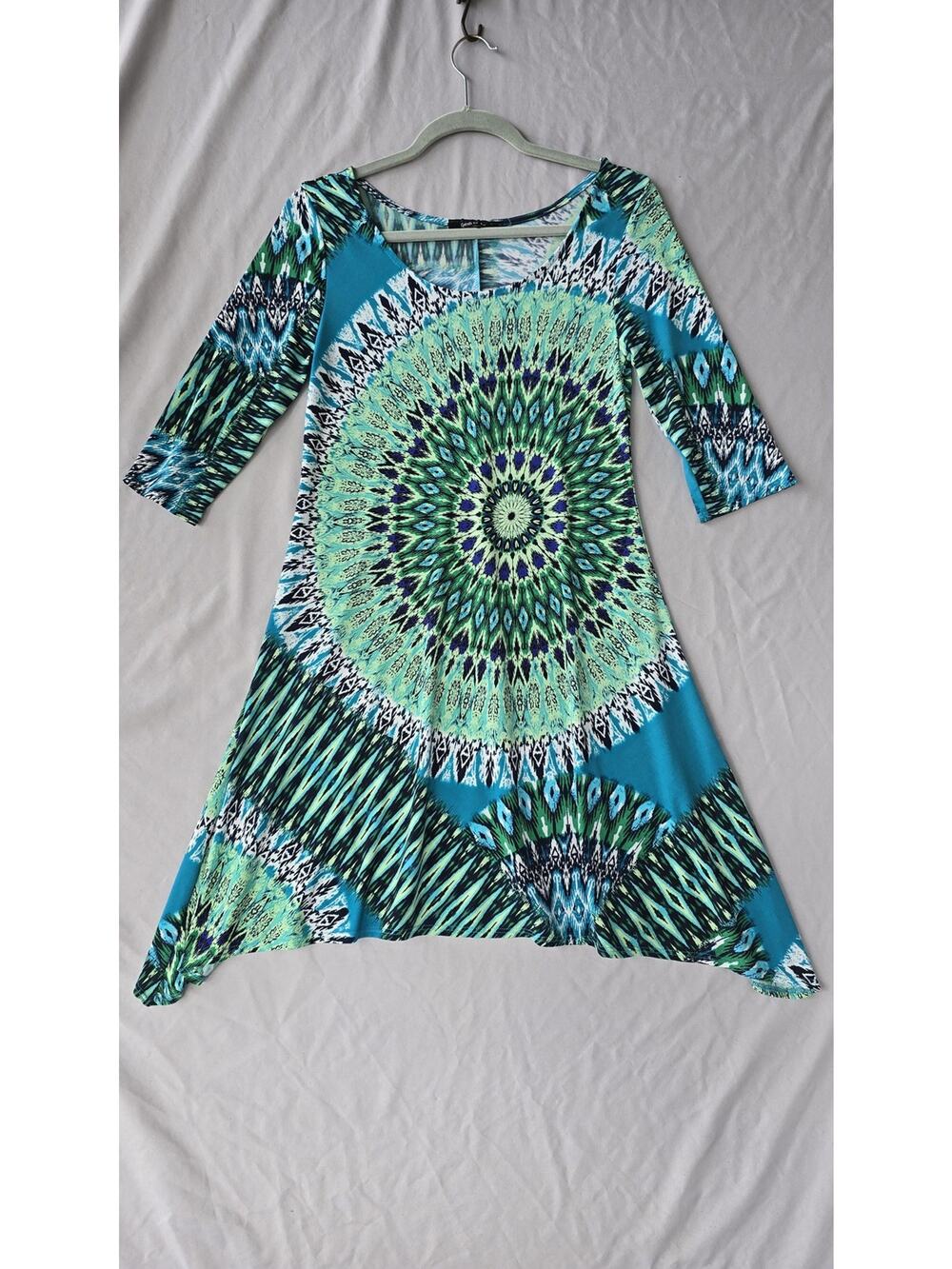 Fresh Of LA Y2K Womens Medium Blue Mandala 3/4 Sleeve Trapeze Swing Boho